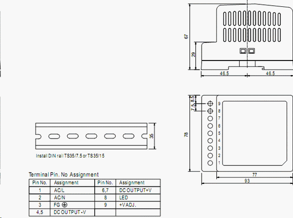 Чертёж промышленного источника питания Mean Well DR-45-24